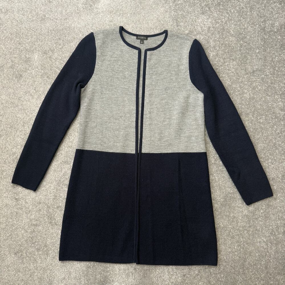 Talbots Sweater Womens Small Gray Navy Blue Merino Wool Open Front Cardigan